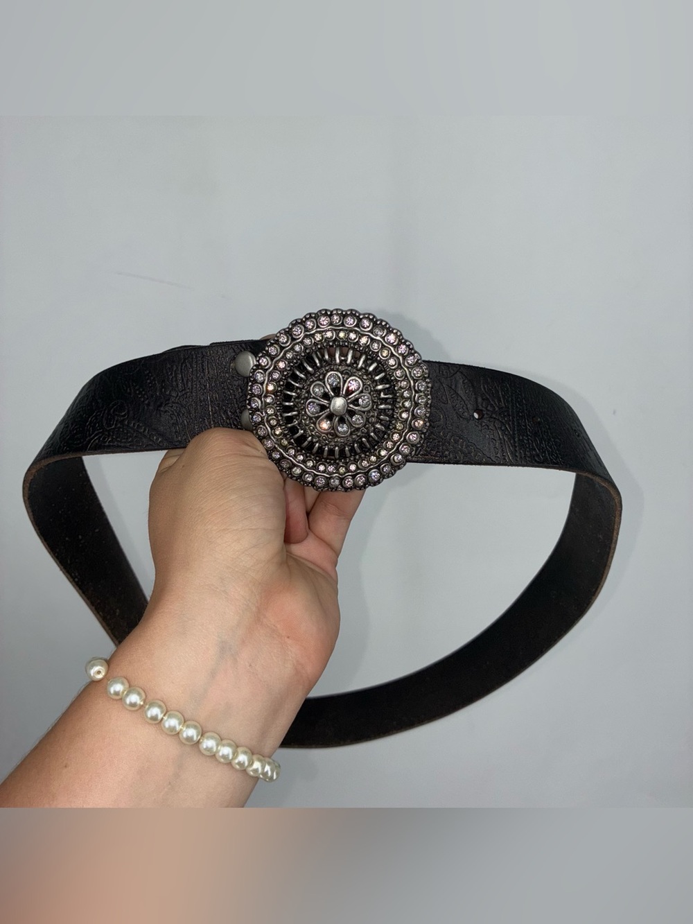 Fossil Womens Medium Leather Western Boho Floral Engraved Belt Diamond Festival